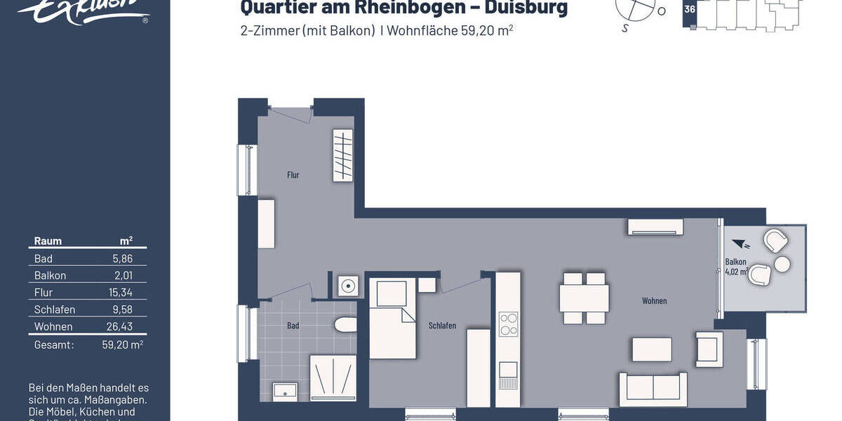 Etagenwohnung Duisburg Buchholz - 2 Zimmer, 59 m&sup2;, 260.000&euro; | Angebot:23959219