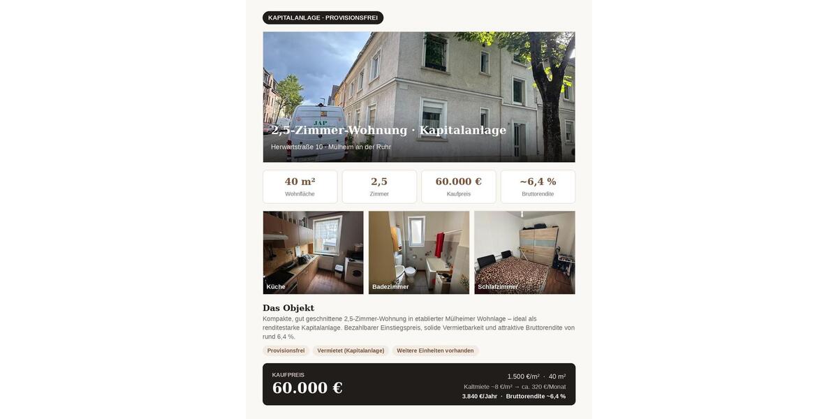 Etagenwohnung Mülheim an der Ruhr Rechtsruhr-Nord - 2.5 Zimmer, 40 m&sup2;, 60.000&euro; | Angebot:27136700