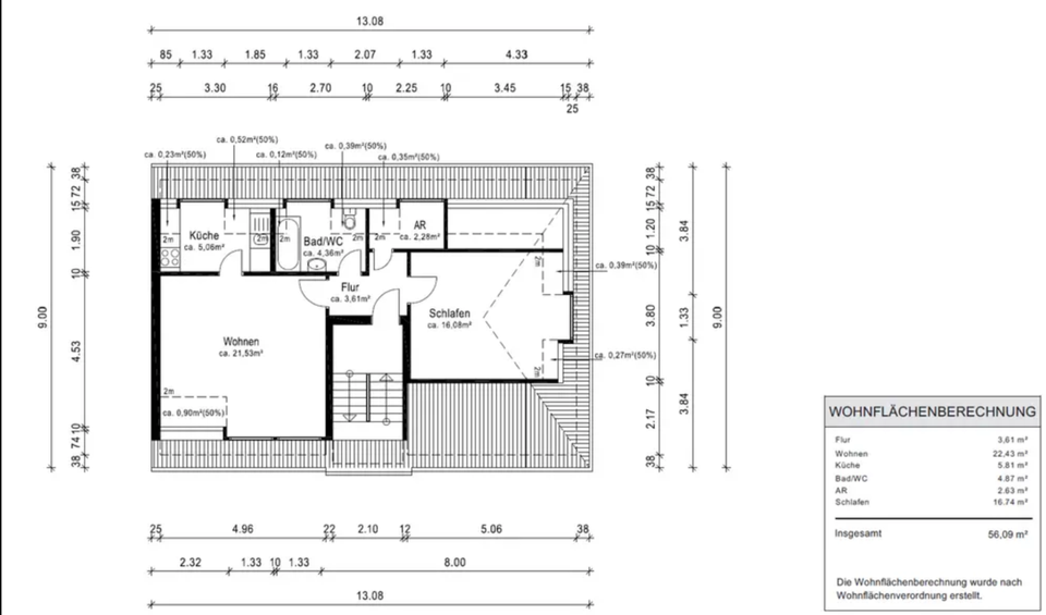 Dachgeschoßwohnung Duisburg Hamborn - 2.5 Zimmer, 56 m&sup2;, 600&euro; | Angebot:24695954