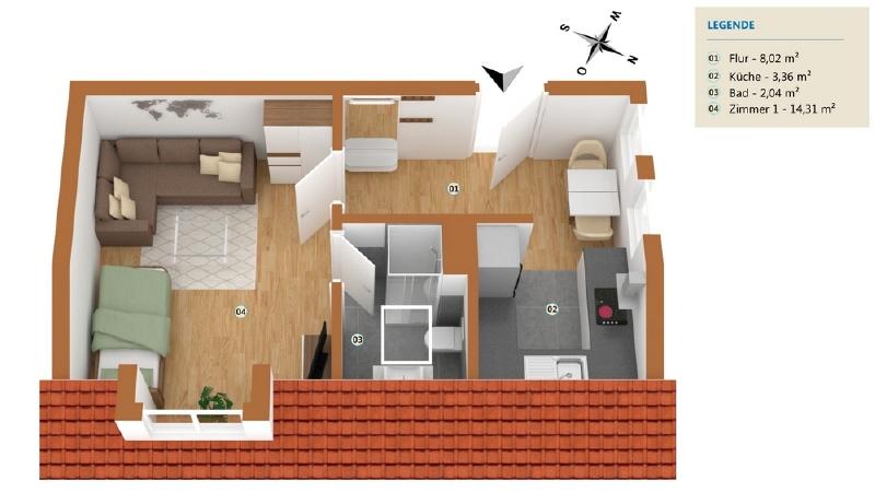 Etagenwohnung Duisburg Huckingen - 1 Zimmer, 28 m&sup2;, 330&euro; | Angebot:25297428