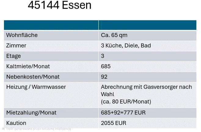 Etagenwohnung Essen Stadtbezirk III - 3 Zimmer, 65 m&sup2;, 777&euro; | Angebot:26248826