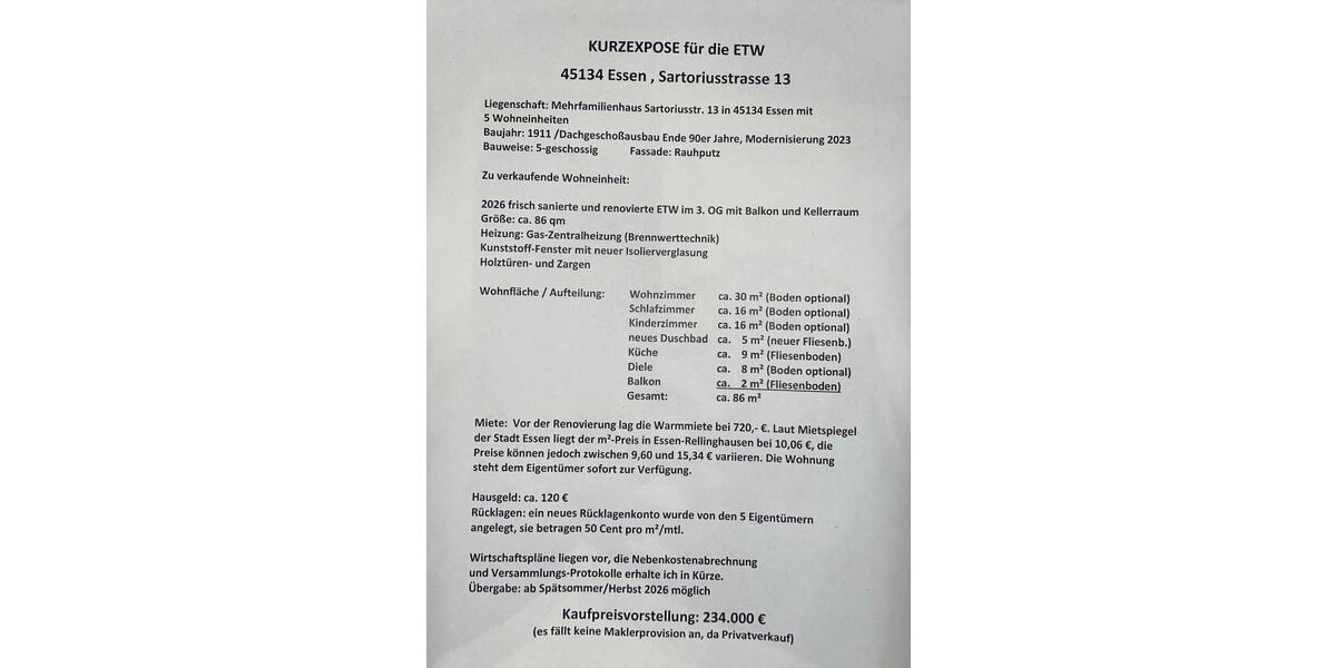 Etagenwohnung Essen Stadtbezirk II - 1 Zimmer, 86 m&sup2;, 234.000&euro; | Angebot:27091341