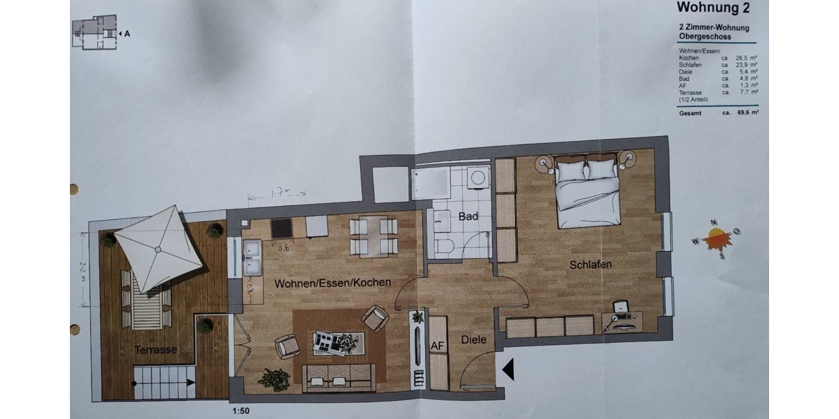 Teilmöblierte 2 Zimmer-Wohnung mit großer Sonnenterrasse, EBK und Tiefgarage in Meerbusch-Büderich - Etagenwohnung Meerbusch Necklenbroich | Angebot:27147242